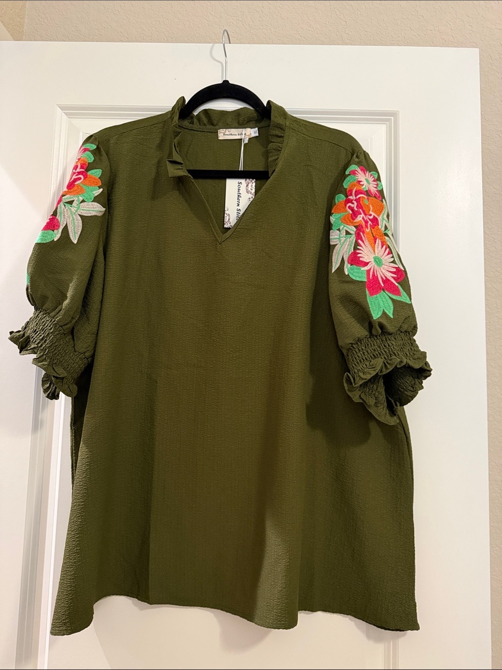 Southern Stitch Olive Green Embroidered Floral Peasant Blouse